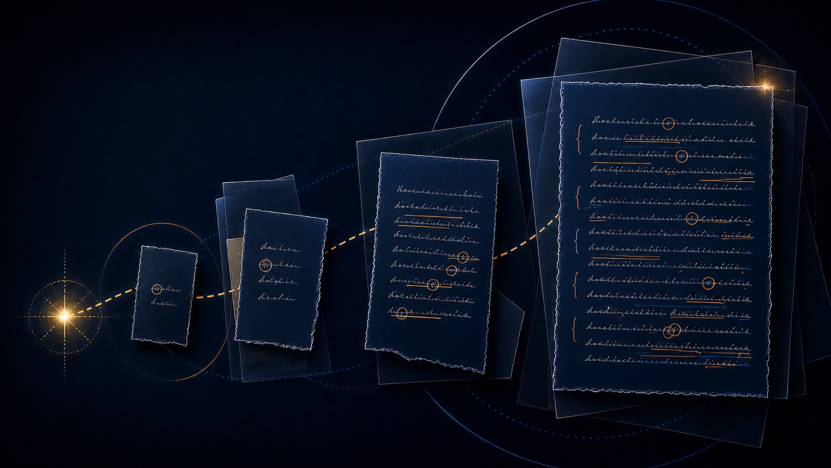 Four manuscript pages progressing from early notes to a fully revised draft