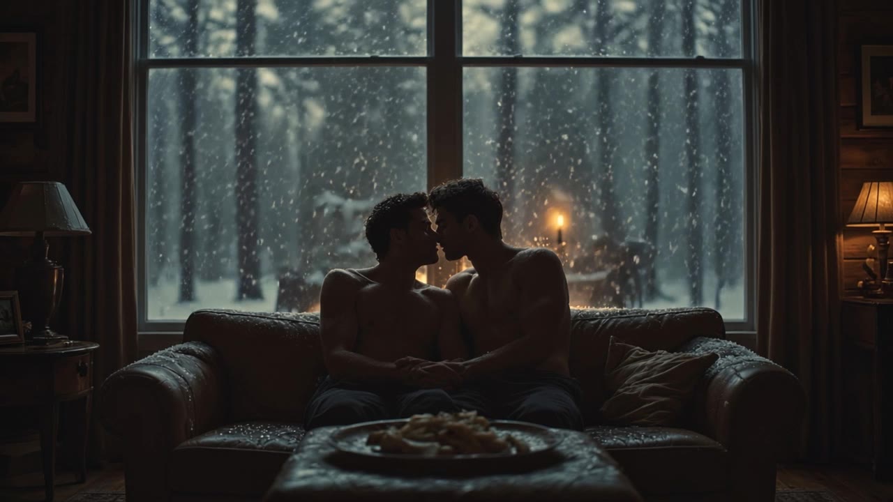 Two men together beside a snowy window